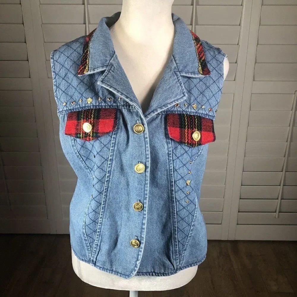 Vtg City Girl Sport Denim Jean Vest Top 12 Chambray Tartan Plaid